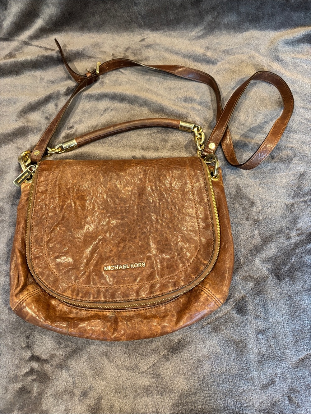Michael Kors Brown Leather Crossbody Saddle Bag with Gold Hardware